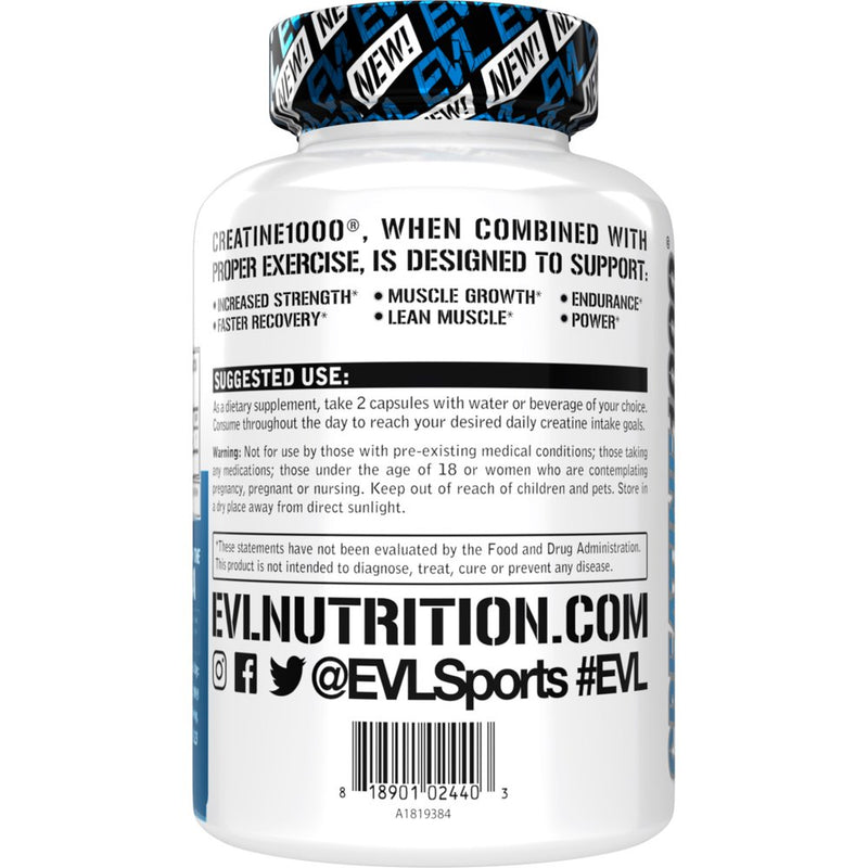 Creatine Monohydrate Pills 120Ct - EVL Nutrition Muscle Builder & Recovery Supplement - Creatine Capsules 1000Mg