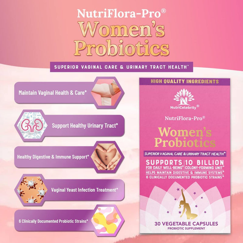 Nutricelebrity Nutriflora-Pro Probiotics for Women - Support Vaginal, Urinary Health (UTI), Digestive System, Period Pain, Yeast, and BV Relief, Cranberry Pills, 10 Billion CFU 6 Strains 30 Cap 2 Pack