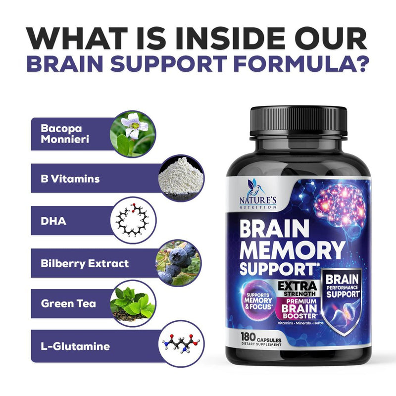 Nootropic Brain Supplement for Memory, Focus & Concentration + Cognitive Support, Booster with Phosphatidylserine, DMAE Bacopa, Vitamins Men Women, Non-Gmo - 180 Capsules