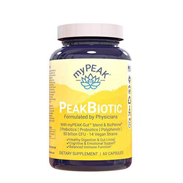 Mypeak Peakbiotic: Vegan Probiotic + Prebiotic Gut Health Blend. 50 Billion CFU + 14 Vegan Strains, 2-Month Supply for Digestion, Anti-Aging, Skin Care and Mood. W/Polyphenols, Quercetin, Pomegranate