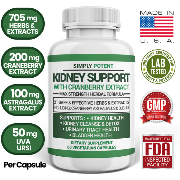 Kidney Support, Cleanse & Detox Supplement, High Potency 705Mg Capsules Contain 21 Herbs Including Cranberry, Birch, Buchu, Uva Ursi & Astragalus to Support for Kidney, Bladder & Urinary Tract Health