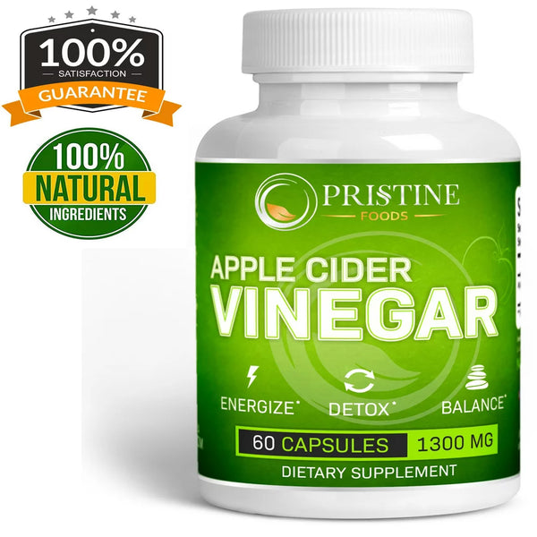 Pristine Foods Premium Apple Cider Vinegar 1300Mg - Extra Strength ACV Pills Boost Energy & Metabolism, Natural Detox, Balance Weight - 60 Capsules