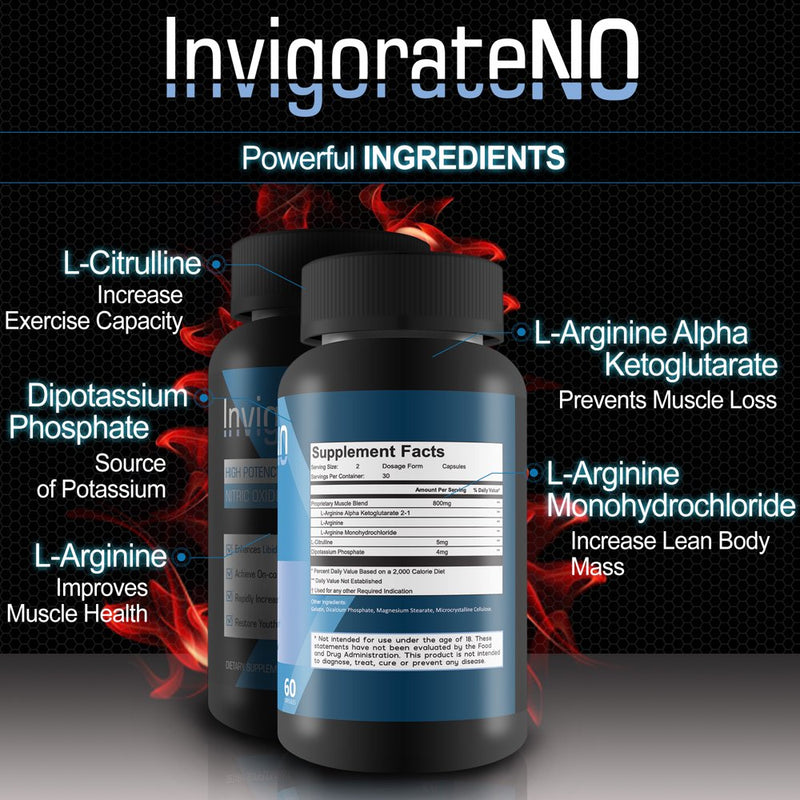 Invigorate N.O. - Powerful Nitric Oxide Booster - Increase Blood Flow, Endurance, Energy, and Stength - 60 Capsules