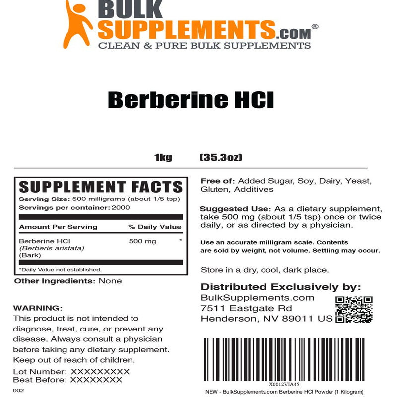 Bulksupplements.Com Berberine Hcl Powder - Berberine 500Mg - Digestive Enzymes - Gallbladder Supplements - Blood Sugar Support (1 Kilogram - 2.2 Lbs)