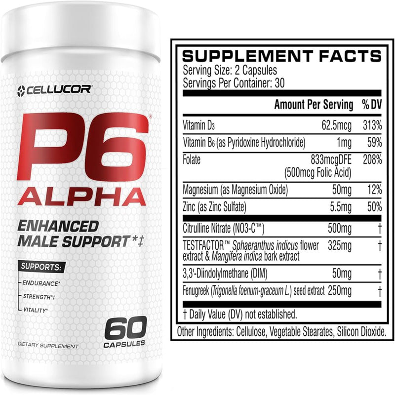 Cellucor P6 Alpha Testosterone Booster + Strength Support + Vitality + 60 Capsules + 30 Servings