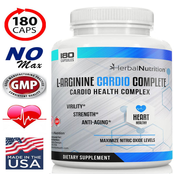 Nitrate Oxide Booster L-Arginine Cardio Complete 1500Mg Cardio Support Blend & Nitric Oxide Booster One 180 Count Bottle