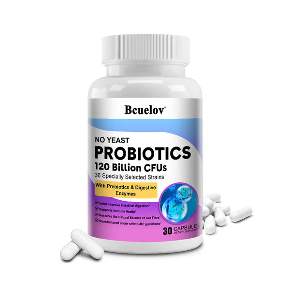 Bcuelov Probiotics 120 Billion CFU - 36 Strains with Prebiotics & Digestive Enzymes, Gut Digestive & Immune Support