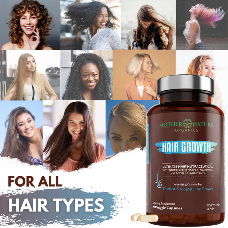 Mother Nature Organics Premium Hair Growth 60Ct with Biotin & Bioperine for Hair, Skin & Nail