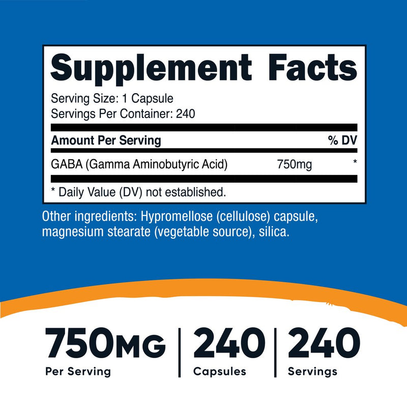 Nutricost GABA (Gamma Aminobutyric Acid) 750Mg, 240 Capsules - Non-Gmo, Gluten Free Supplement