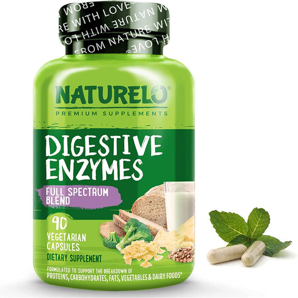 NATURELO Digestive Enzymes - Full Spectrum Support with a Broad Blend of 15 Enzymes plus Ginger - 90 Vegan Capsules