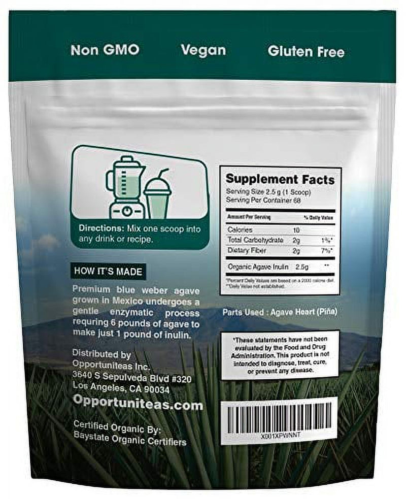 Organic Inulin Powder - Prebiotic Super Fiber Made from 100% Organic Blue Weber Agave - Alternative Sweetener That Supports Digestion, Regularity, and Gut - Non GMO, Vegan, & Gluten Free - 6