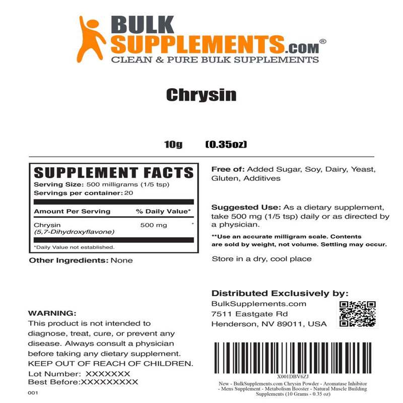 Bulksupplements.Com Chrysin Powder - Aromatase Inhibitor - Men'S Supplement - Metabolism Booster - Natural Muscle Building Supplements (10 Grams - 0.4 Oz)