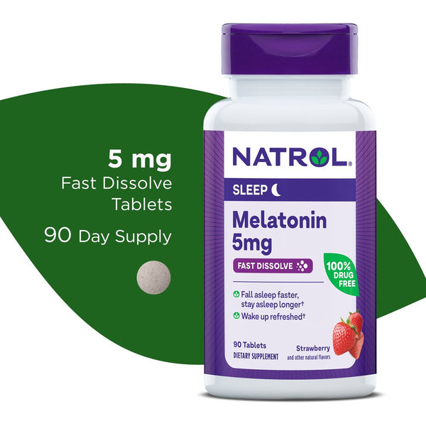 Natrol Melatonin Fast Tablets, Sleep Aid Supplement, Strawberry, 5Mg, 90 Count