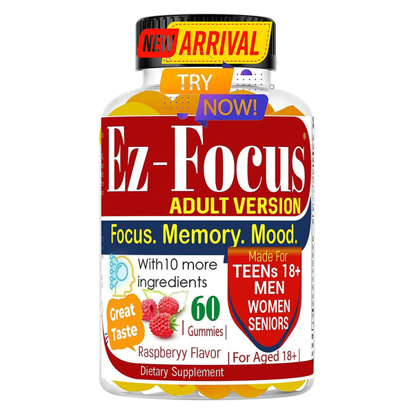 Ez-Focus Brain Booster Gummies for Adults & Seniors, Brain Focus Chewable, Focus, Memory, Mood Nootropics Brain Support 60 Count