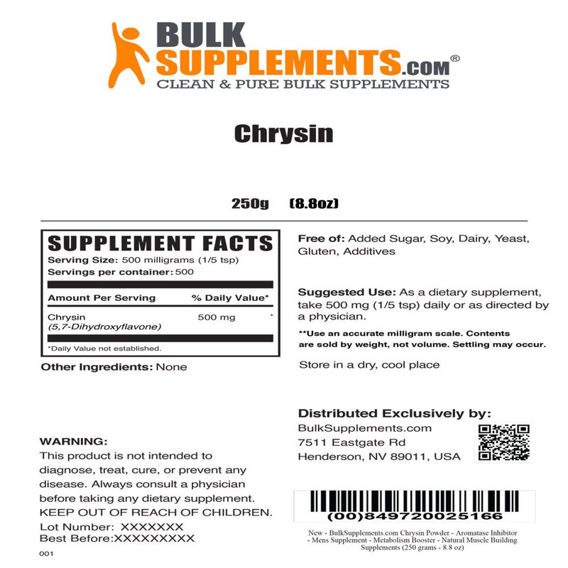 Bulksupplements.Com Chrysin Powder - Metabolism Booster - Aromatase Inhibitor - Natural Muscle Building Supplement (250 Grams - 8.8 Oz)
