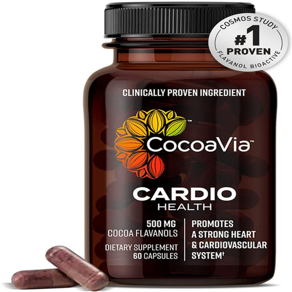 Cocoavia Cardio Health Supplement, 30 Day, 500Mg Cocoa Flavanols, Heart Health, Blood Pressure, Boost Nitric Oxide, Blood Circulation, Energy, Vegan, Dark Chocolate, 60 Capsules