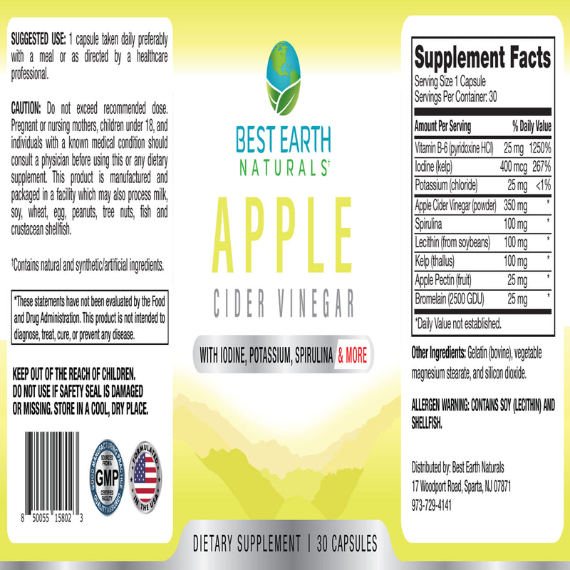 Best Earth Naturals, Apple Cider Vinegar Complex with Iodine Potassium Spirulina and More, 30 Count
