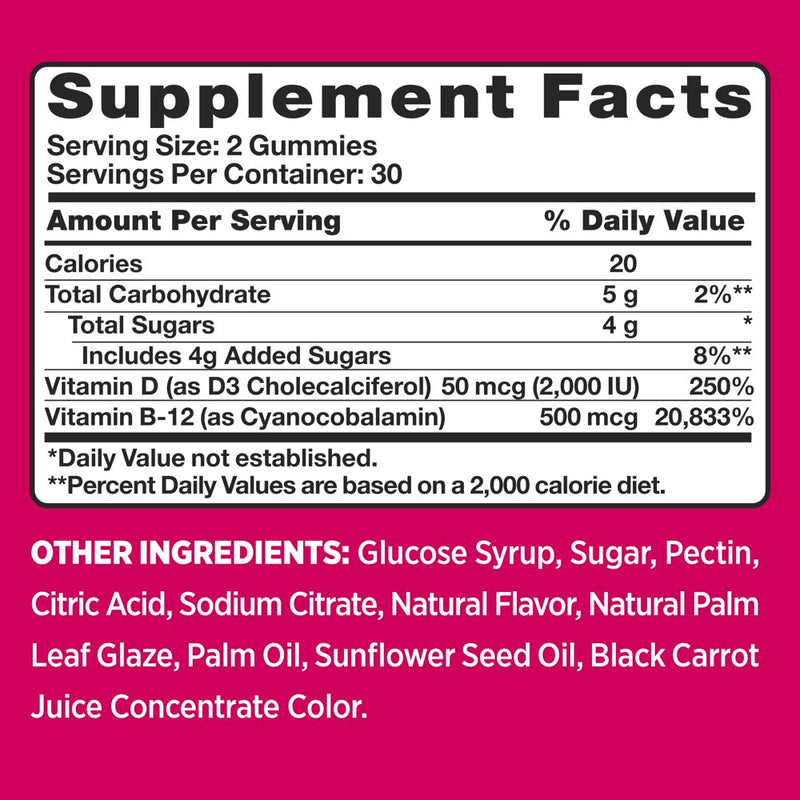 Pink Uplifting B12 + D3 Gummies, Dietary Supplement, 60 Gummies