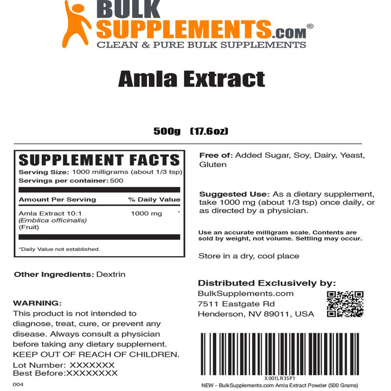 Bulksupplements.Com Amla Extract Powder, 1000Mg - Heart, Immune & Joint Support Supplement (500G - 500 Serv)