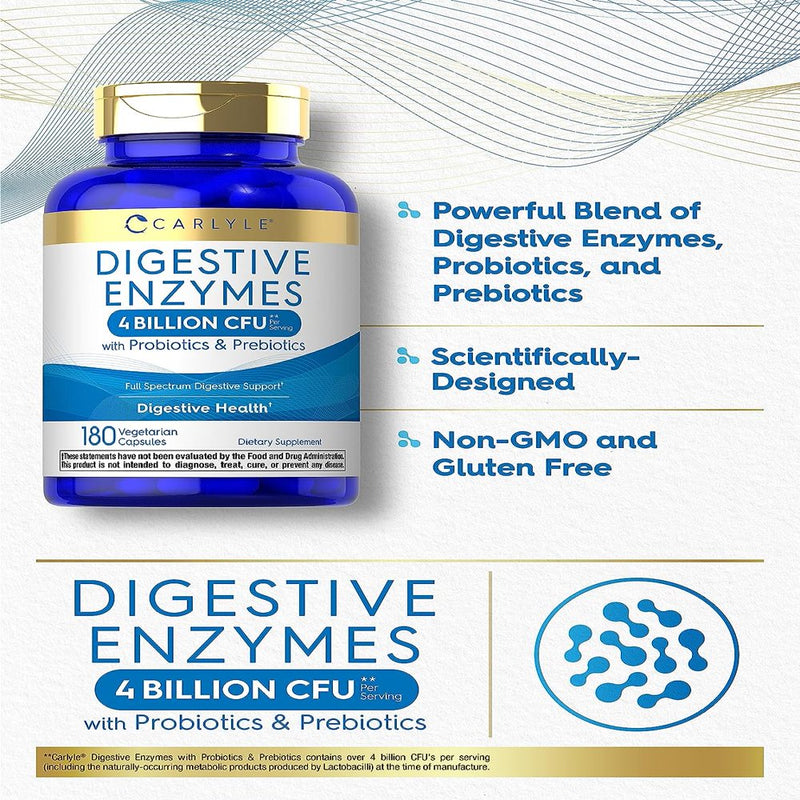 Digestive Enzymes with Probiotics and Prebiotics | 180 Capsules | by Carlyle