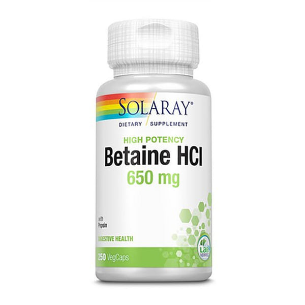 Solaray High Potency Betaine HCL with Pepsin 650 Mg | Hydrochloric Acid Formula for Healthy Digestion Support | Lab Verified | 250 Vegcaps