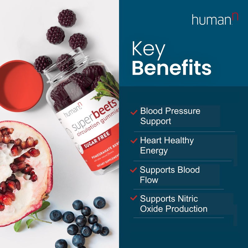 Humann Superbeets Sugar-Free Nitric Oxide Circulation Gummies - Daily Blood Pressure Support for Heart Health - Grape Seed Extract & Non-Gmo Beet Energy Gummies - Pomegranate Berry Flavor, 60 Count