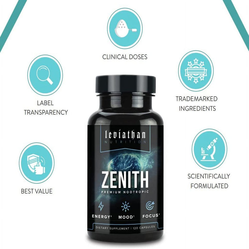 Leviathan Zenith Premium Nootropic Brain Supplement for Concentration, Brain Support for Energy, Memory and Focus - Lions Mane Mushroom, Ashwagandha - 120 Capsules