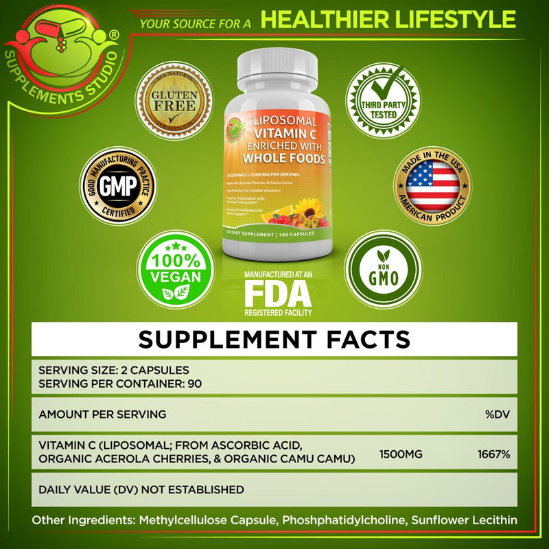 Supplements Studio Liposomal Vitamin C 1500Mg - Organic Acerola Cherries & Camu Camu High Potency Vitamin C - Non-Gmo 180 Count