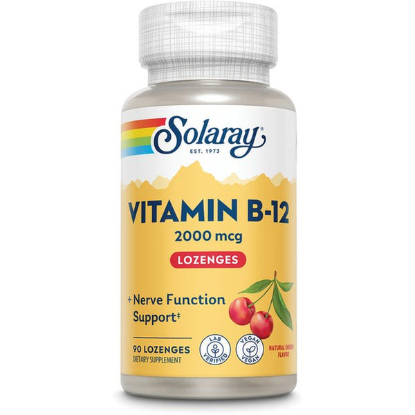 Solaray Vitamin B-12 2000 Mcg, Sugar-Free Natural Cherry Flavor, Healthy Energy & Red Blood Cell Support, 90 Lozenges