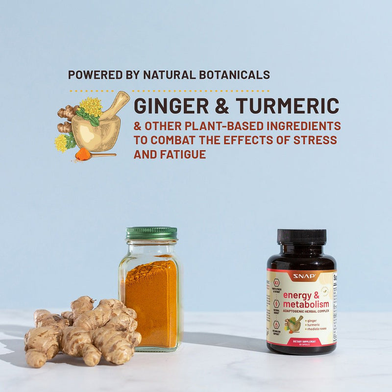 Snap Supplements Energy & Metabolism Booster - Adaptogenic Herbs Ginger Turmeric - 60 Capsules