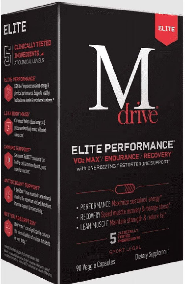 Mdrive Elite Testosterone Booster for Men - Supports Energy, Sports Performance, Cardio, Vo2Max, Recovery, Stress Relief, Lean Muscle, KSM-66 Ashwagandha, DIM, Fenugreek, Chromium, 90 Capsules