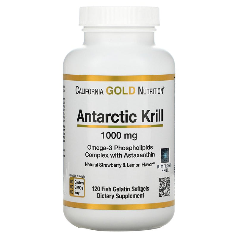 California Gold Nutrition Antarctic Krill Oil, Omega-3 Phospholipids with Naturally Occurring Astaxanthin, Natural Strawberry & Lemon Flavor, Non GMO, 1,000 Mg, 120 Fish Gelatin Softgels, 2 Pack
