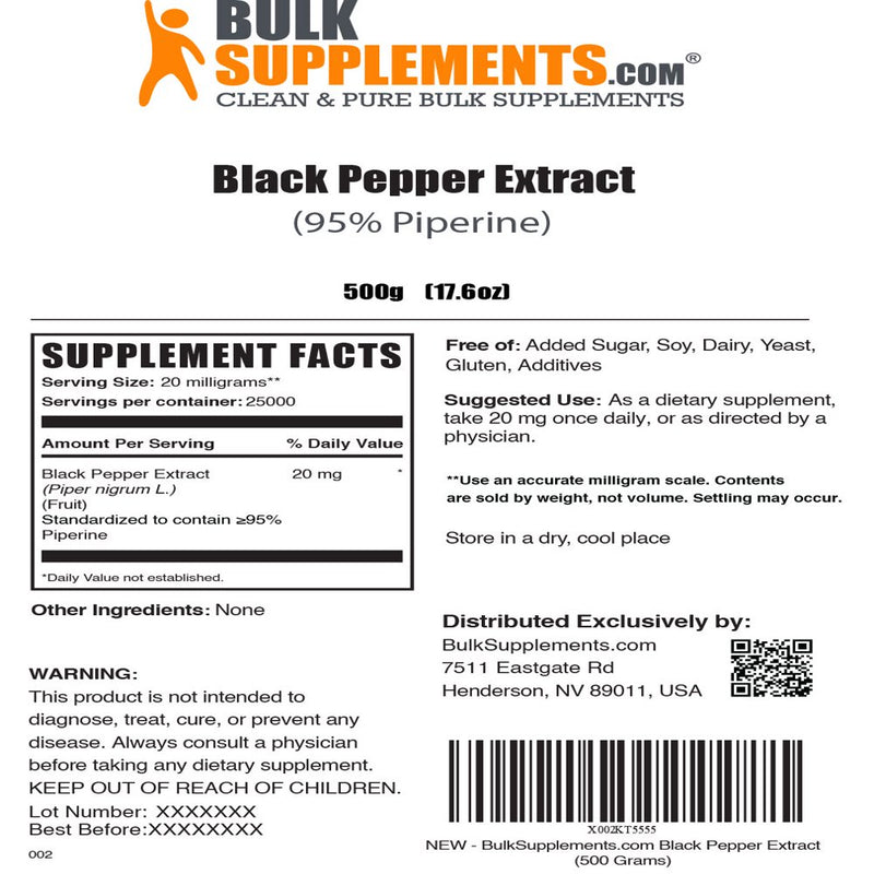 Bulksupplements.Com Black Pepper Extract (95% Piperine) (500 Grams - 1.1 Lbs - 25000 Servings)