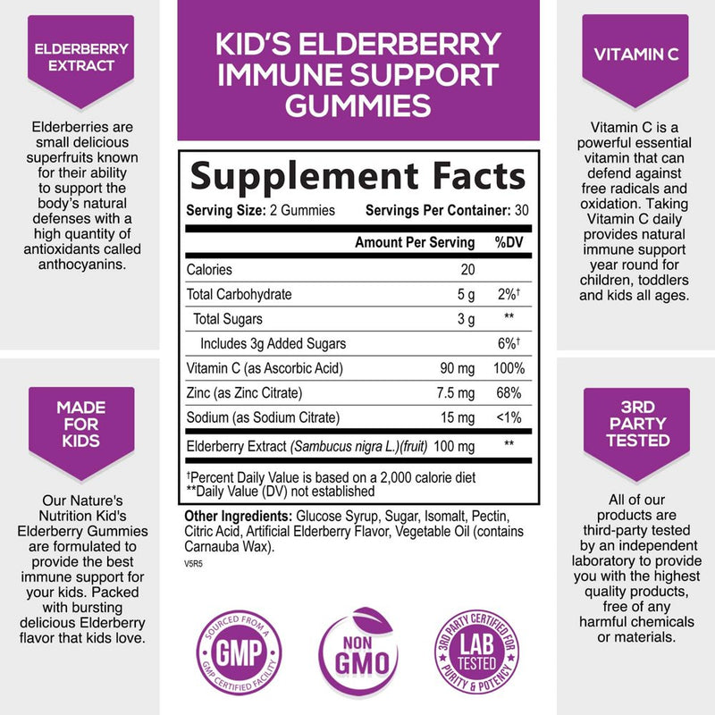 Elderberry Gummies for Kids with Vitamin C, Zinc & Sambucus Black Elderberry Extract - Daily Childrens Immune Support Vitamins Gummy Supplement, Non-Gmo, Vegan, Natural Berry Flavor - 60 Gummies