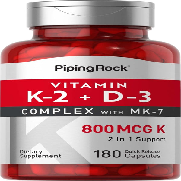 Vitamin K2 MK7 with D3 | 180 Capsules | 800 Mcg Complex | Vitamin D3 5000 IU | Non-Gmo, Gluten Free | by Piping Rock