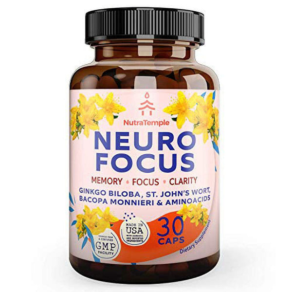 Brain Booster Supplement - Fast Absorption Nootropics for Focus, Memory, Clarity, Energy, Stress and Anxiety Relief with Gingko Biloba, Bacopa Monnieri, St. Johns Wort - 30 Nootropic Pills for Adults