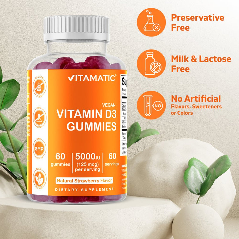 2 Pack Vitamatic Vitamin D3 Gummies - 5000 IU - 60 Vegan Gummies - Great Taste - Healthy Bones, Teeth, Mood, Joint & Immune System Function (Total 120 Count)
