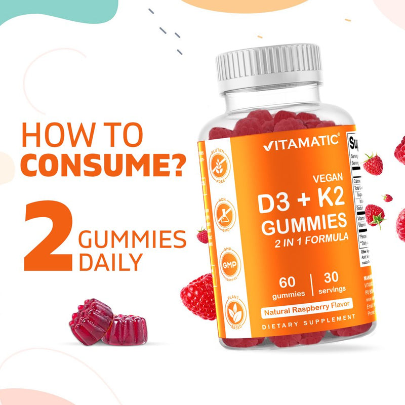 2 Pack - Vitamatic Vitamin D3 K2 Gummies - 60 Count - Supports Healthy Bone, Heart & Calcium Absorption, & Immune Health - Plant Based, Non-Gmo, Gluten Free