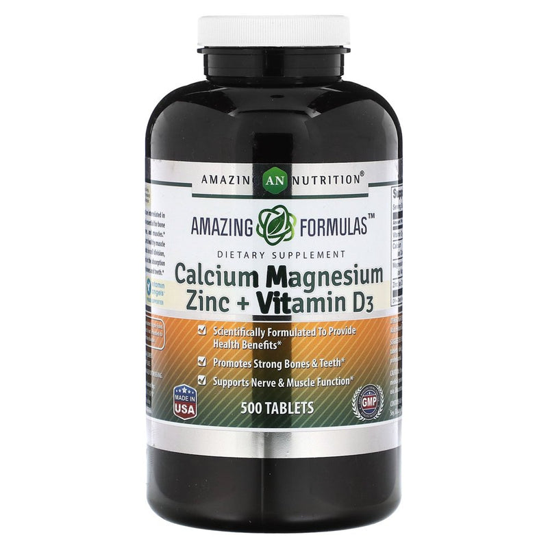 Amazing Formulas Calcium Magnesium Zinc D3 | 500 Tablets Supplement | Calcium 1000Mg, Magnesium 400Mg, Zinc 25Mg, Vitamin D3 600 IU | Non-Gmo | Gluten Free | Made in USA