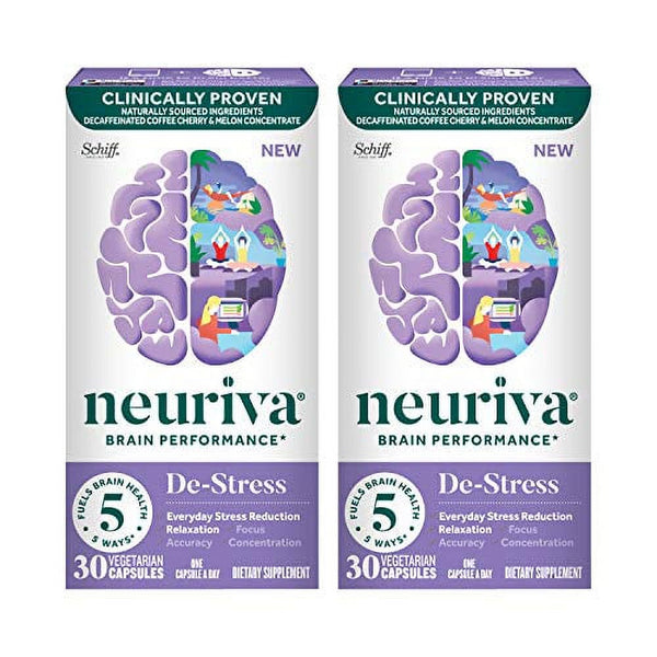 Neuriva De-Stress Brain Health Supplement (30 Count), Brain Support with Clinically Proven Naturally Sourced Ingredients (Decaffeinated Coffee Cherry & Melon Concentrate), 2 Pack