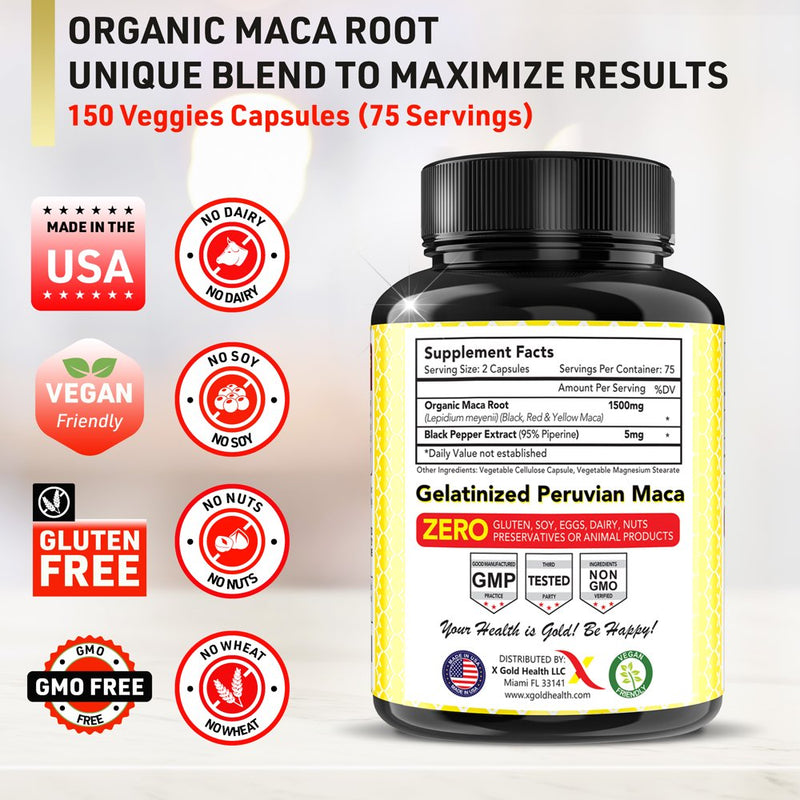 X Gold Health Organic Maca Root Powder Capsules Black, Yellow & Red Maca Pills 1500 Mg, 150 Count