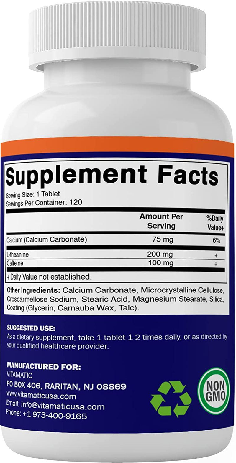 2 Packs Vitamatic Caffeine Pills with L-Theanine - 300 Mg per Tablet - 120 Vegetarian Tablets - Nootropic Supplement for Focused Energy (Total 240 Tablets)