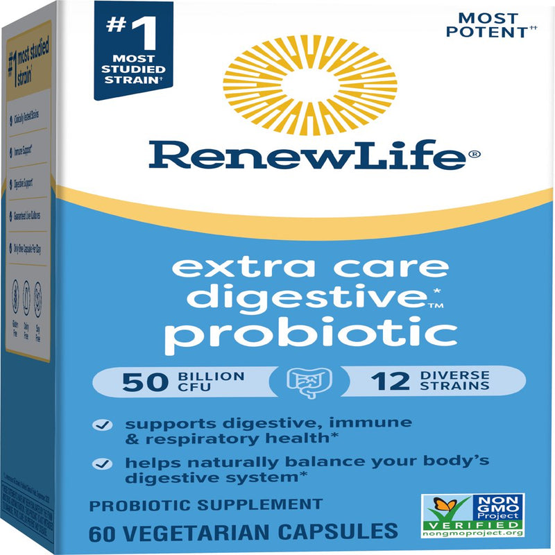 Renew Life Extra Care Digestive Probiotic Supplement, 60 Vegetarian Probiotic Capsules, 50 Billion CFU