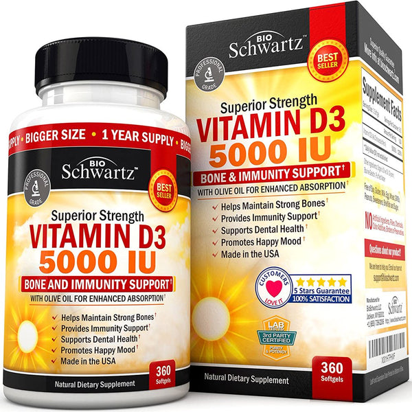 Vitamin D3 5000 IU (360Ct) Natural Immune Support Supplement | Bone Strength, Healthy Muscle Function, with Olive Oil for High Absorption | Gluten Free & Non-Gmo 1 Year Supply