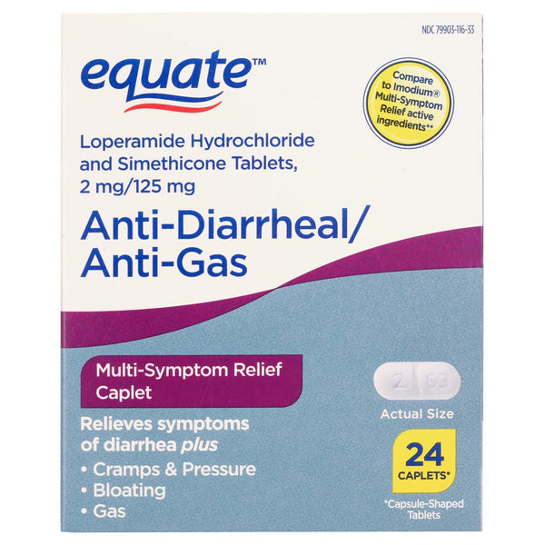 Equate Anti-Diarrheal and Anti-Gas Multi-Symptom Relief Caplets, 24 Count