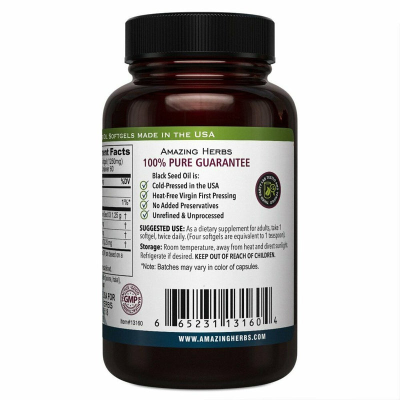 3 Pack Amazing Herbs Premium Black Seed Oil 1250 Mg Dietary Supplement Softgel Capsule 60 Ct