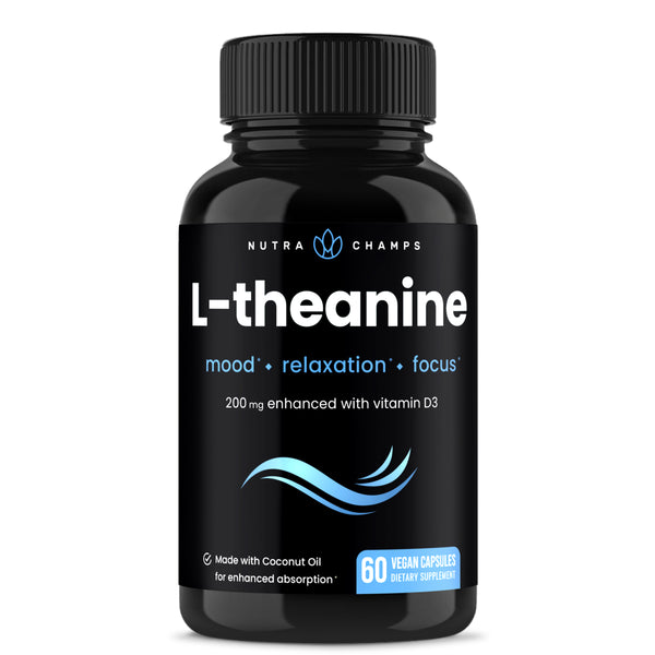 Nutrachamps L-Theanine 200Mg Capsules | Double-Strength L-Theanine Liquid with Vitamin D3, Organic Coconut Oil | Supports Mood, Focus, Stress Relief | L-Theanine for Kids & Adults | 60 Vegan Capsules