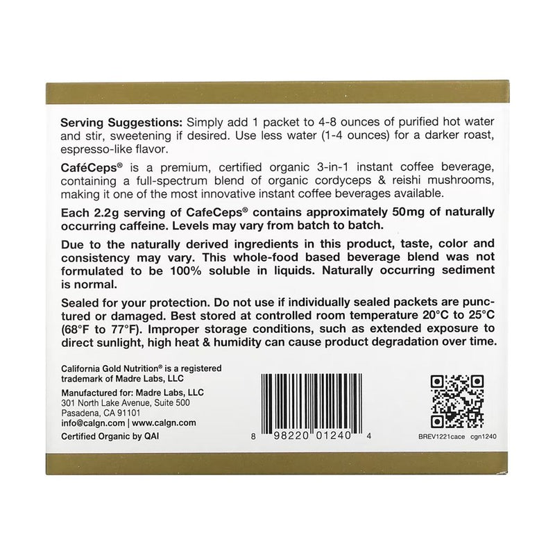 California Gold Nutrition Cafeceps, Certified Organic Instant Coffee with Cordyceps and Reishi Mushroom Powder, 30 Packets, 0.08 Oz (2.2 G) Each