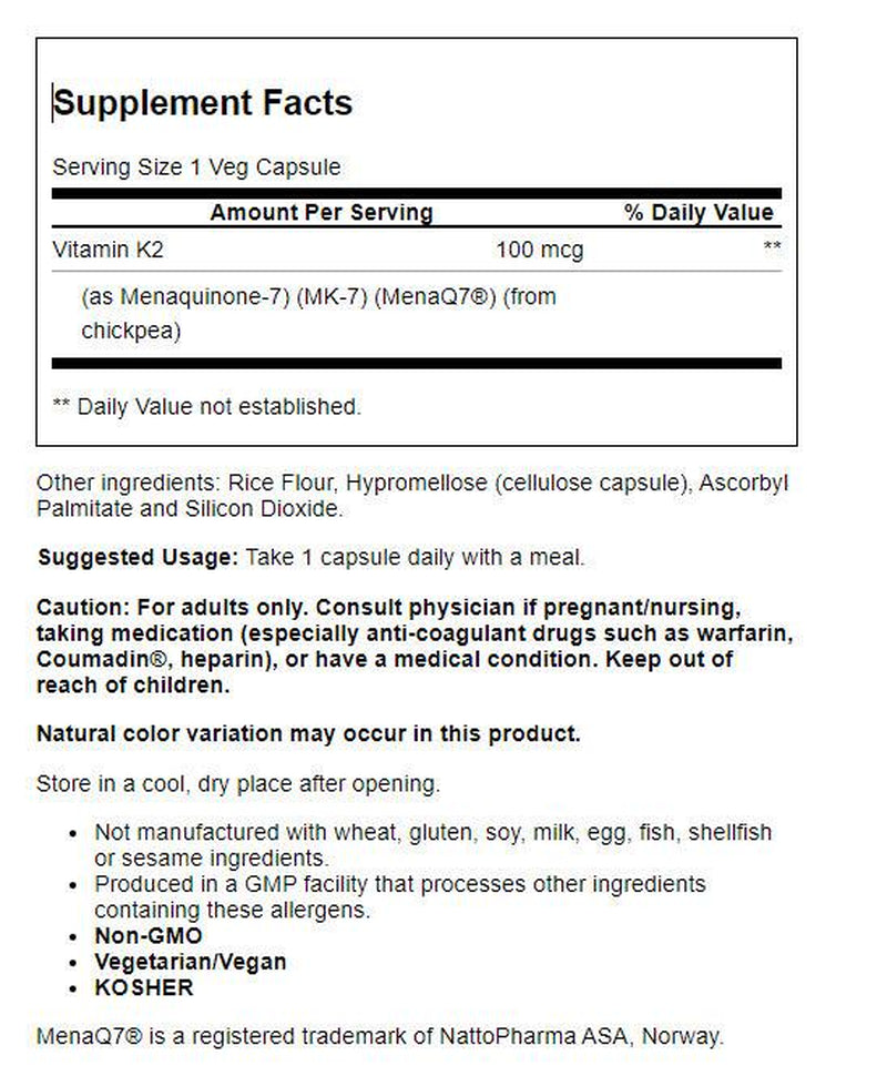 NOW Supplements, MK-7 Vitamin K-2 100 Mcg, Cardiovascular Support*, Supports Bone Health*, 60 Veg Capsules