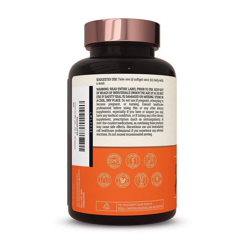 Live Conscious Vitamin K2 MK-7 with D3, 100 Mcg & 5000 IU, 60 Softgels